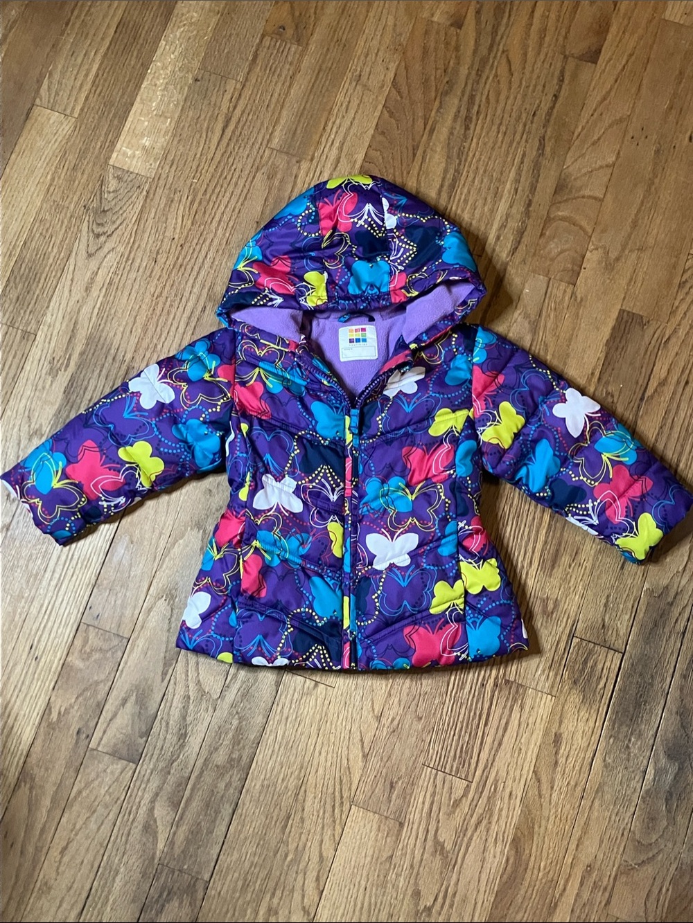 healthtex Purple Hooded Puffer Jacket with Multicolor Butterfly Print